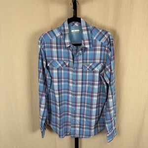Columbia Men's Red, White and Blue Plaid Long Sleeve Omnishade‎ Shirt Size S